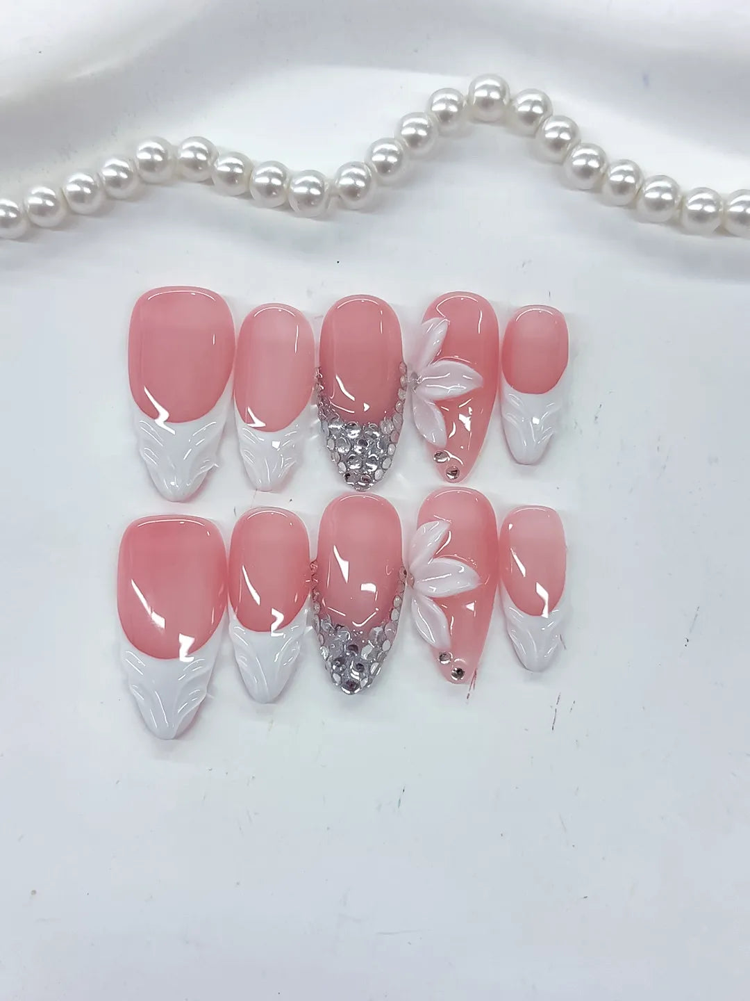 Medium Pink White Almond French tip Flower Rhinestone