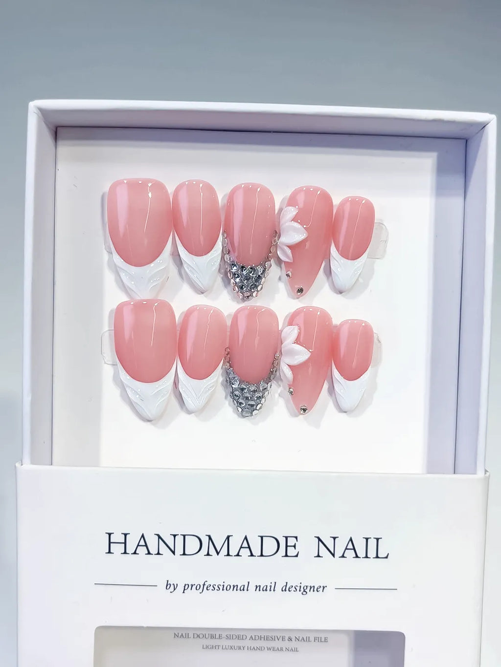 Medium Pink White Almond French tip Flower Rhinestone