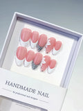 Medium Pink White Almond French tip Flower Rhinestone