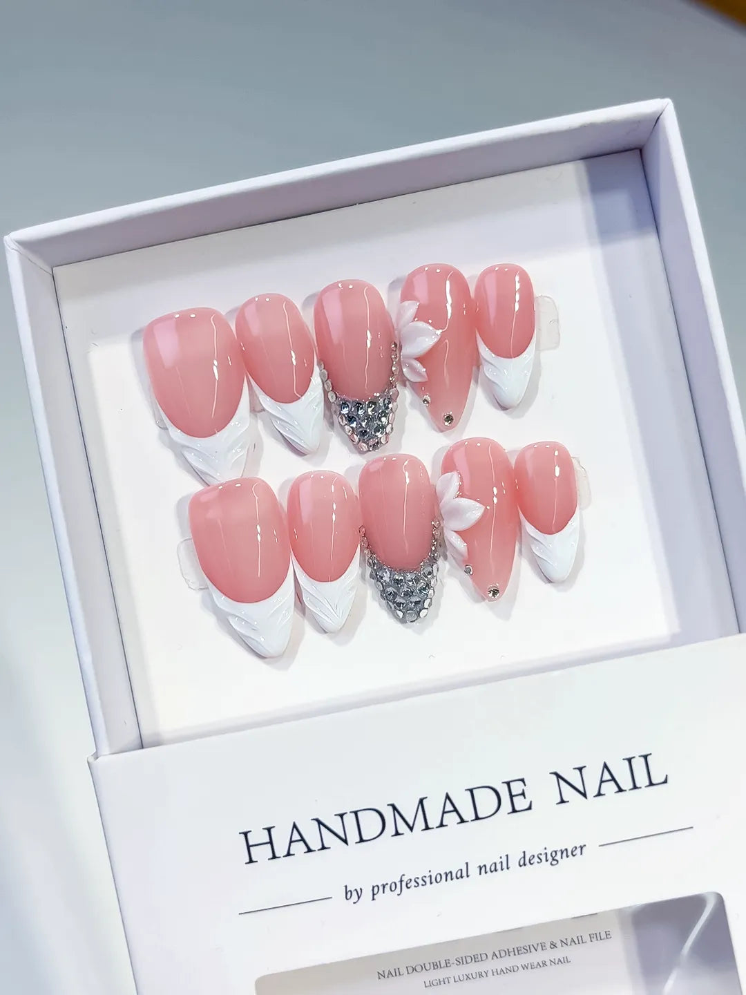 Medium Pink White Almond French tip Flower Rhinestone