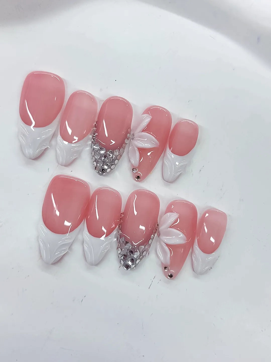 Medium Pink White Almond French tip Flower Rhinestone