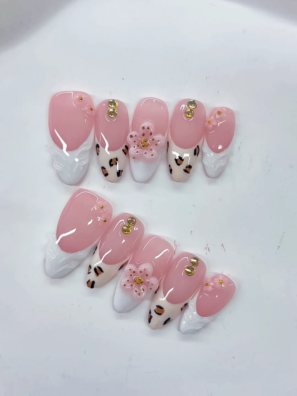 Medium Pink White Almond French tip Flower Animal Print