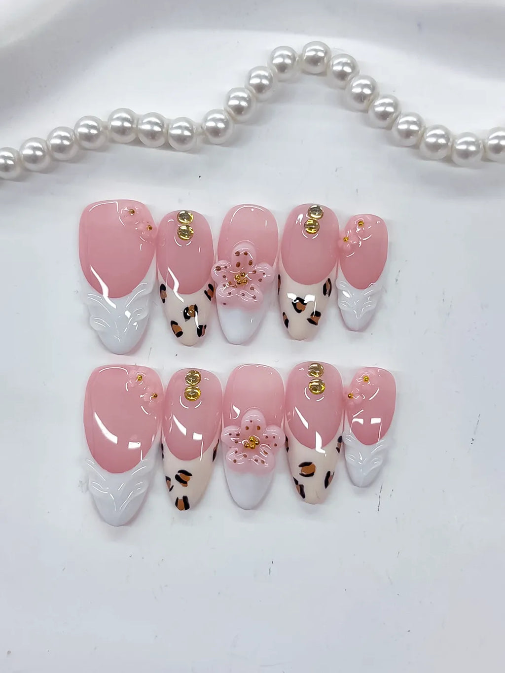 Medium Pink White Almond French tip Flower Animal Print