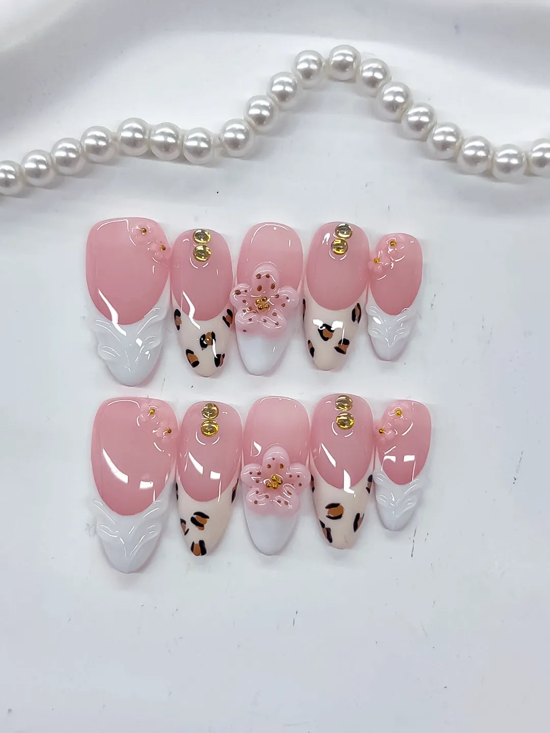 Medium Pink White Almond French tip Flower Animal Print