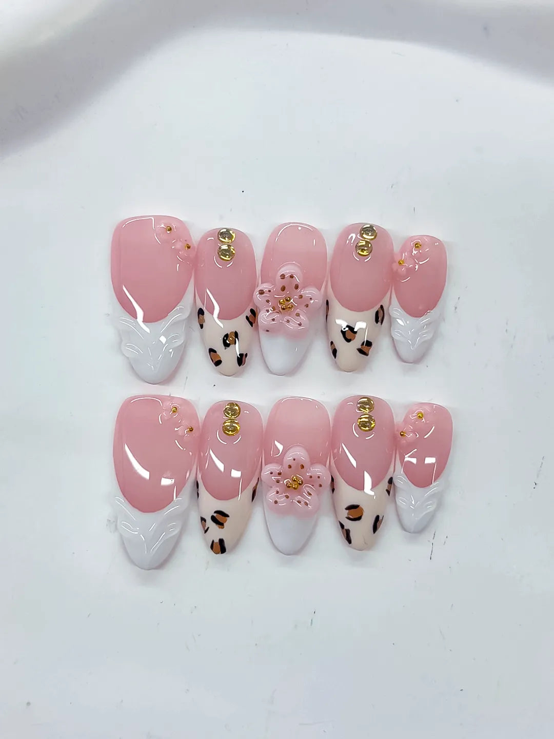 Medium Pink White Almond French tip Flower Animal Print
