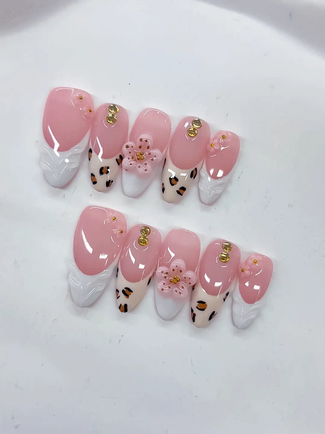 Medium Pink White Almond French tip Flower Animal Print