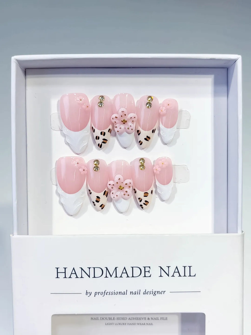Medium Pink White Almond French tip Flower Animal Print