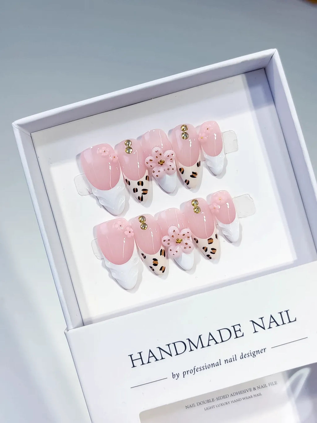 Medium Pink White Almond French tip Flower Animal Print