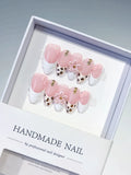 Medium Pink White Almond French tip Flower Animal Print
