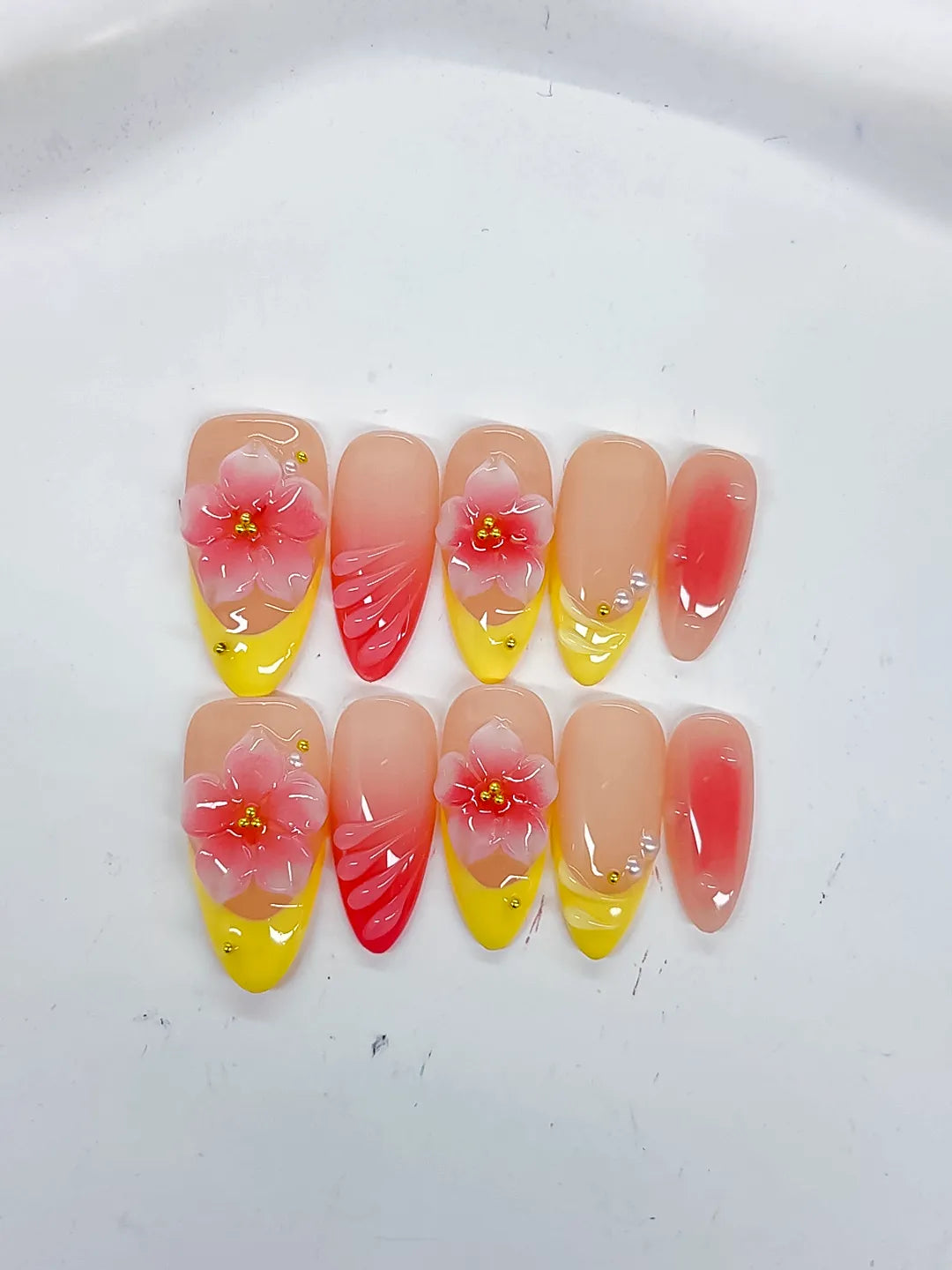 Medium Nude Yellow Almond French tip Flower Shell