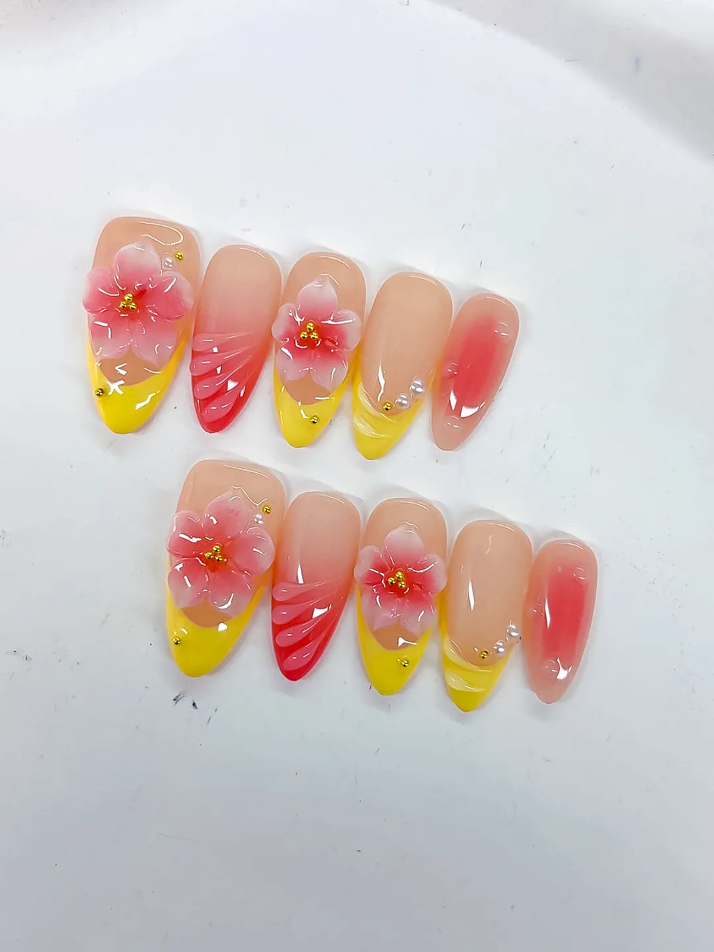Medium Nude Yellow Almond French tip Flower Shell