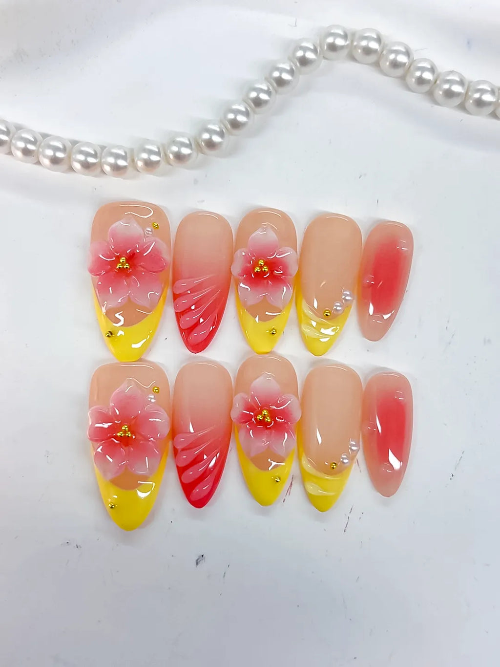 Medium Nude Yellow Almond French tip Flower Shell