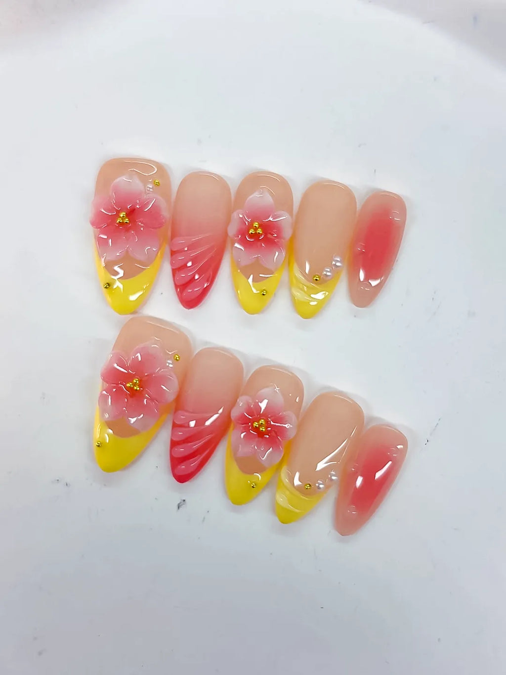 Medium Nude Yellow Almond French tip Flower Shell