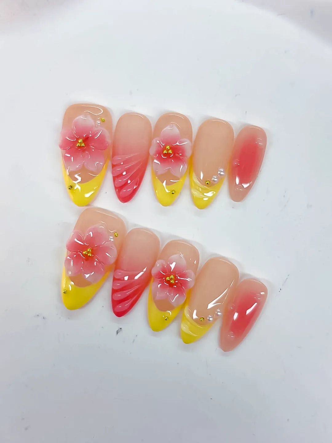 Medium Nude Yellow Almond French tip Flower Shell