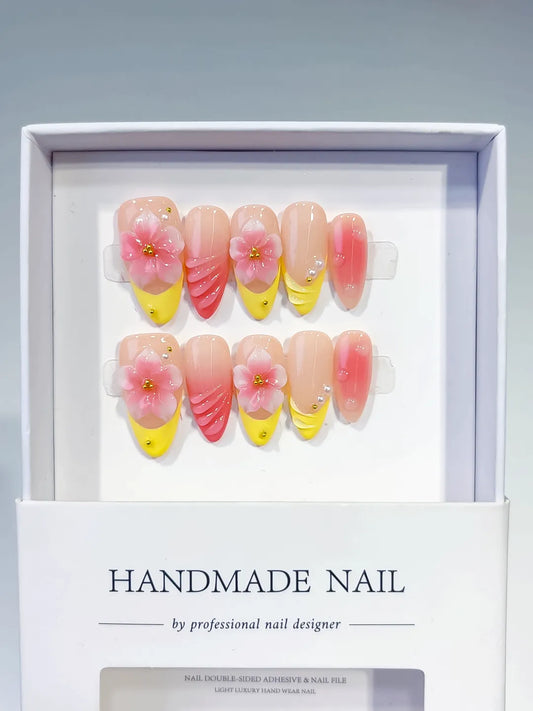 Medium Nude Yellow Almond French tip Flower Shell