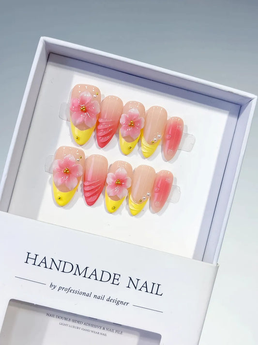 Medium Nude Yellow Almond French tip Flower Shell
