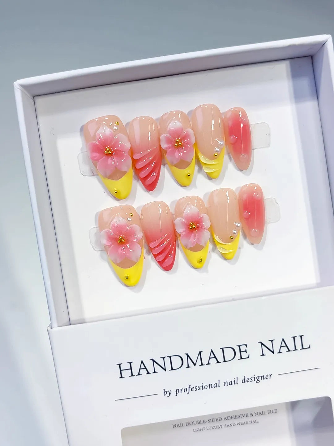 Medium Nude Yellow Almond French tip Flower Shell