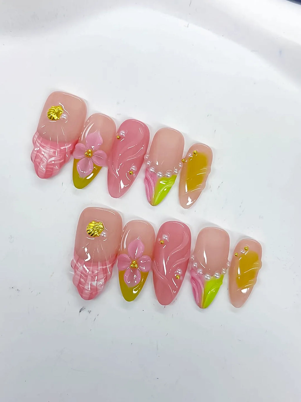 Medium Nude Pink Almond Abstract Flower Shell