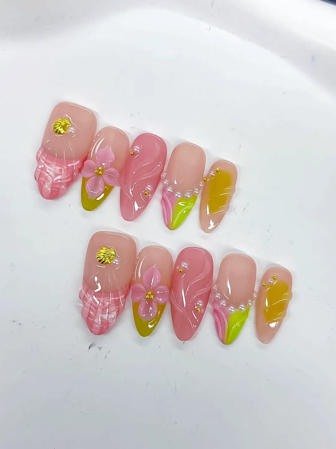 Medium Nude Pink Almond Abstract Flower Shell