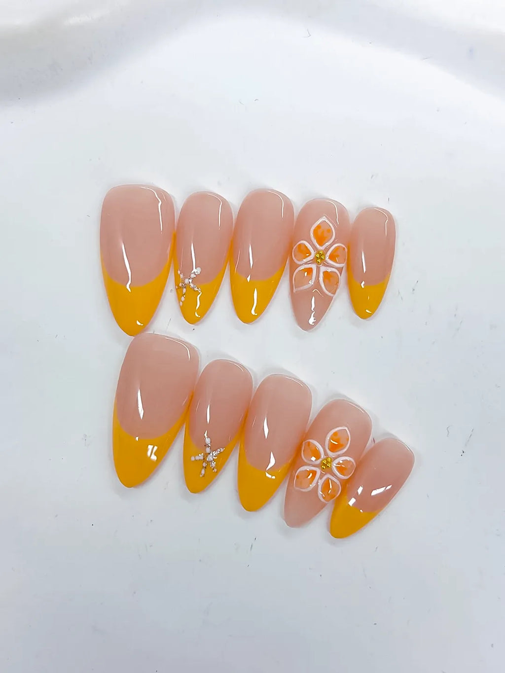 Medium Nude Yellow Almond French tip Flower Rhinestone