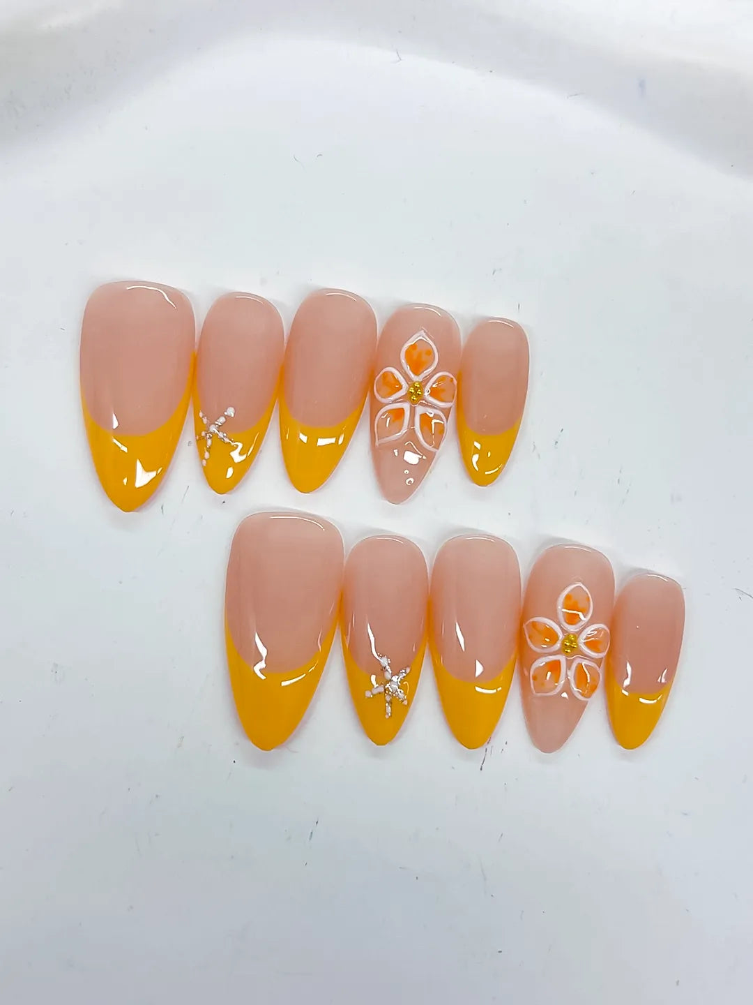 Medium Nude Yellow Almond French tip Flower Rhinestone