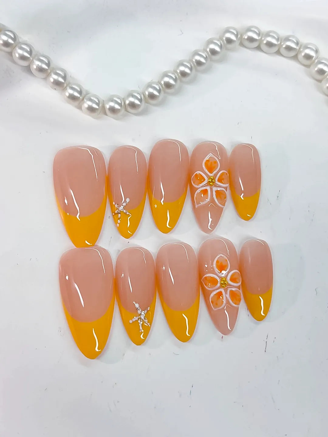 Medium Nude Yellow Almond French tip Flower Rhinestone