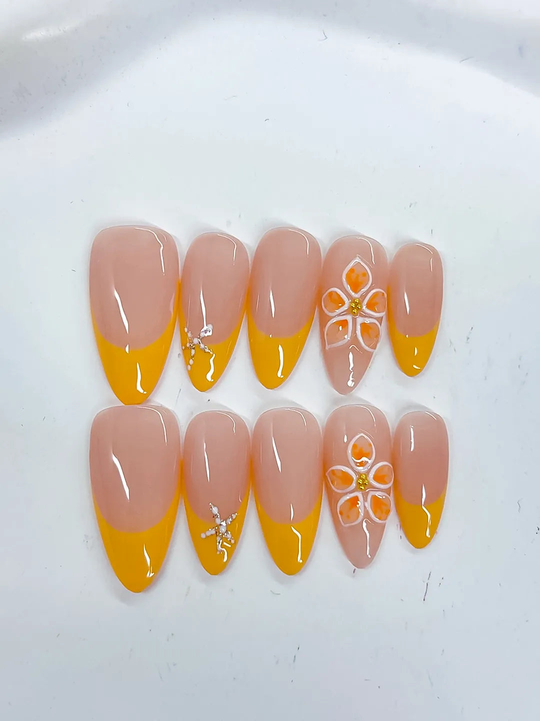 Medium Nude Yellow Almond French tip Flower Rhinestone