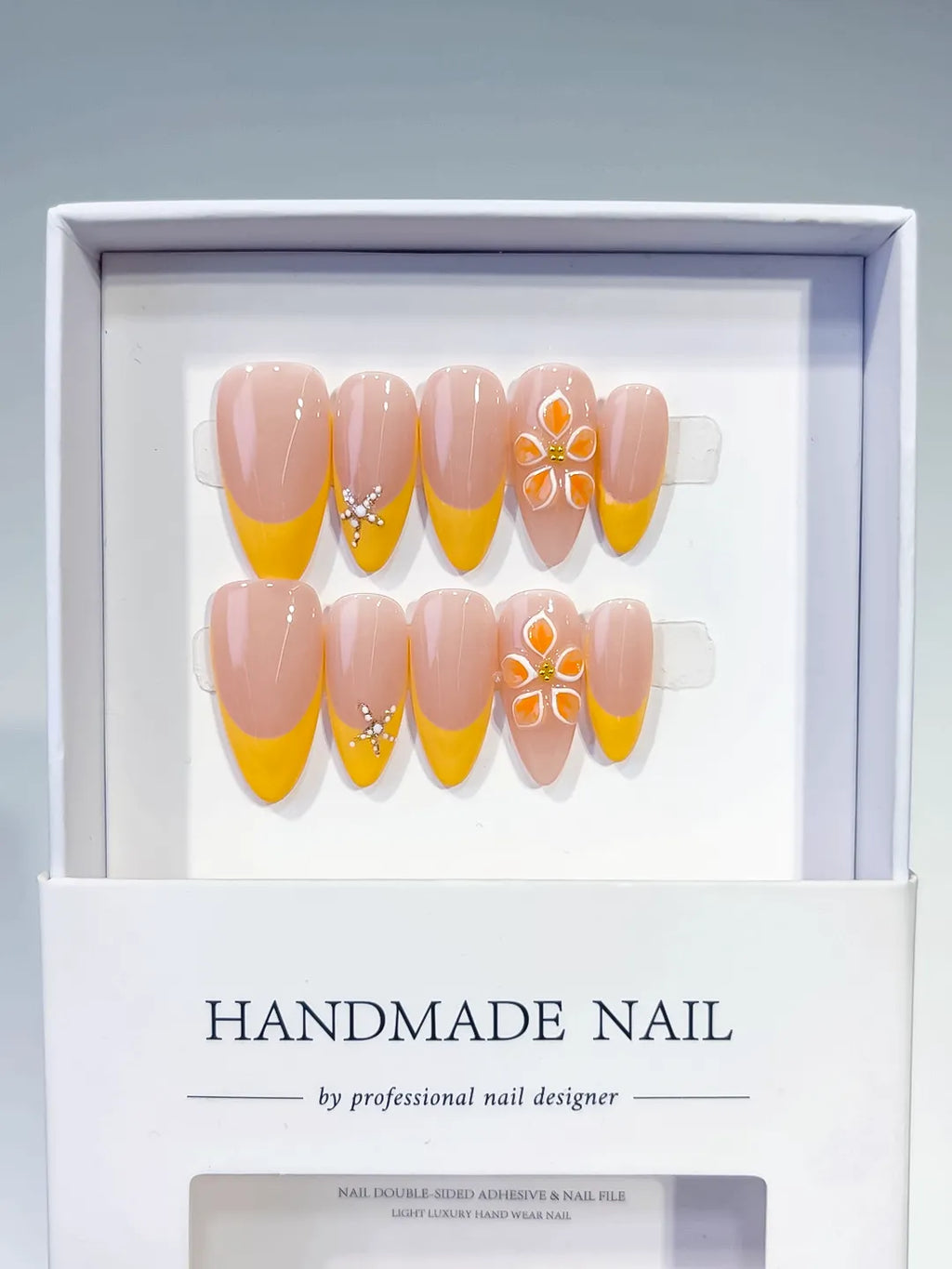 Medium Nude Yellow Almond French tip Flower Rhinestone