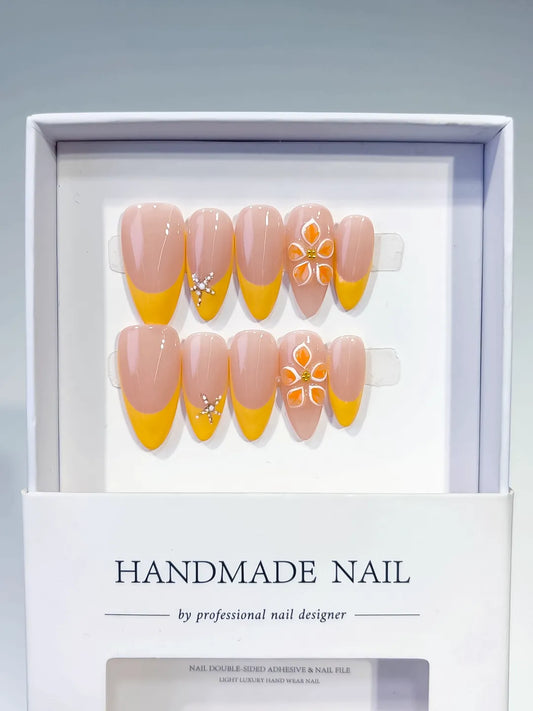 Medium Nude Yellow Almond French tip Flower Rhinestone
