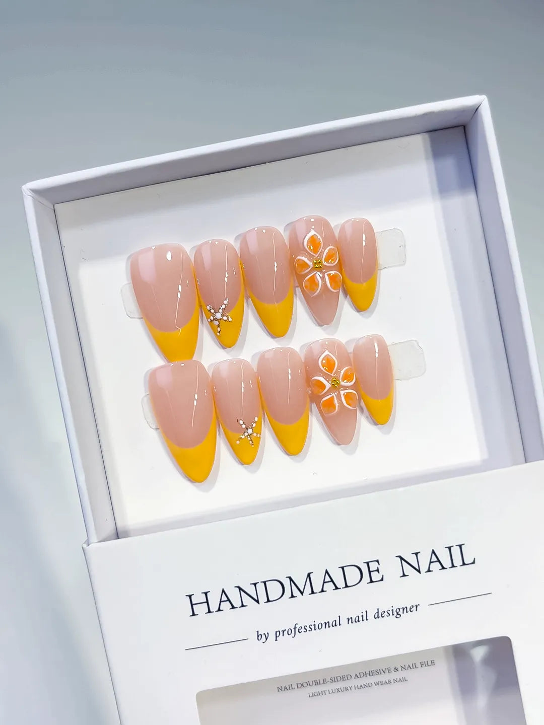 Medium Nude Yellow Almond French tip Flower Rhinestone