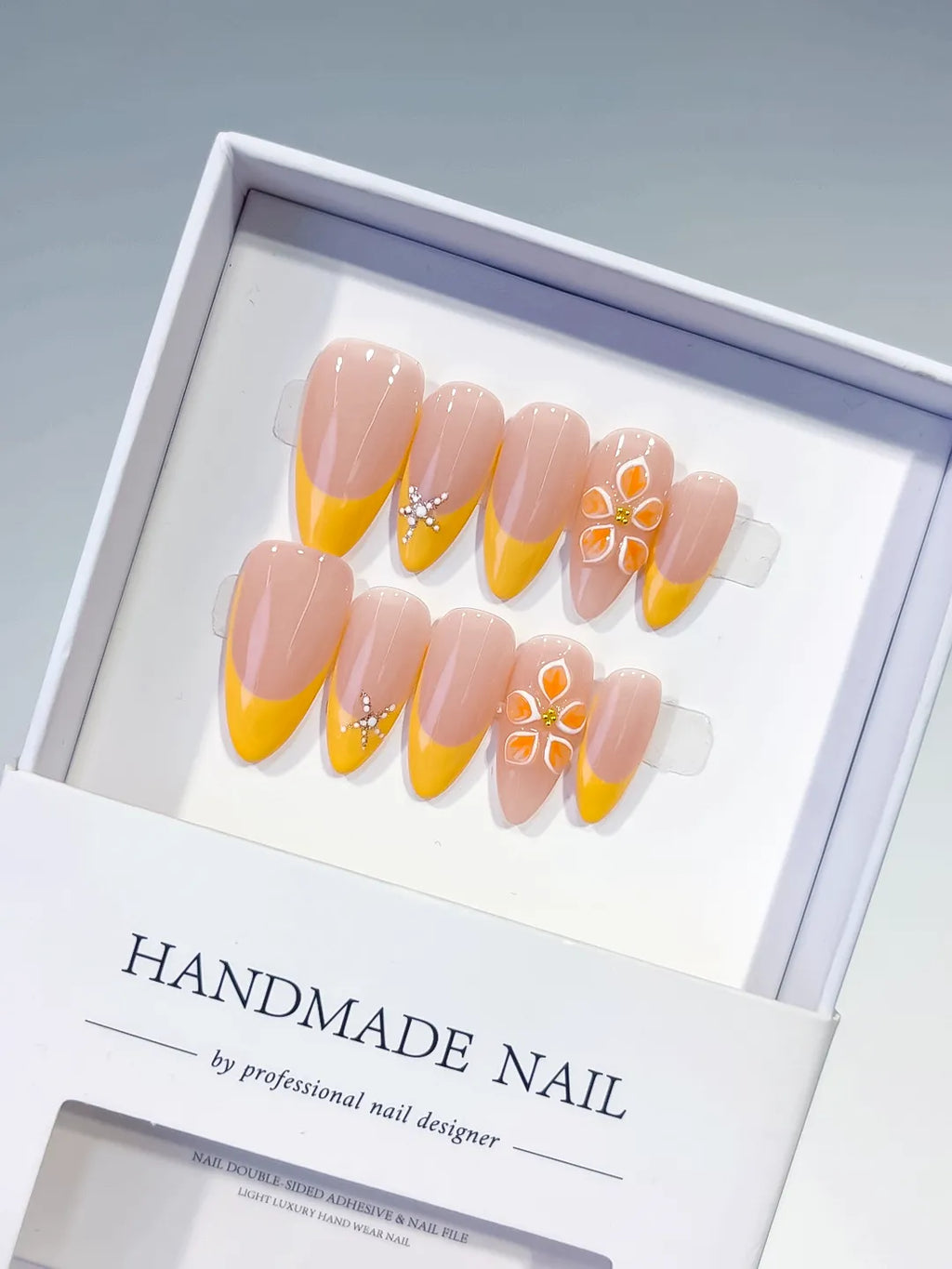 Medium Nude Yellow Almond French tip Flower Rhinestone