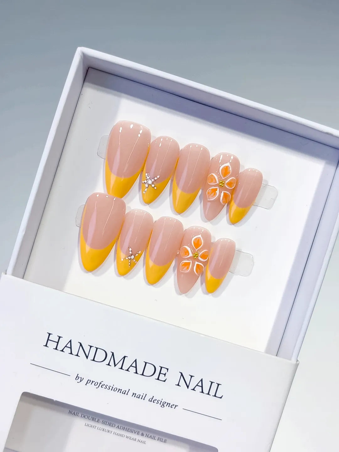 Medium Nude Yellow Almond French tip Flower Rhinestone