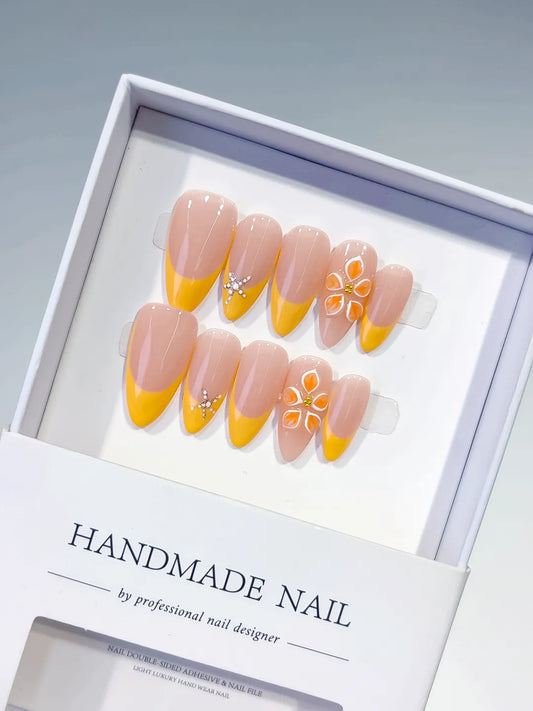 Medium Nude Yellow Almond French tip Flower Rhinestone