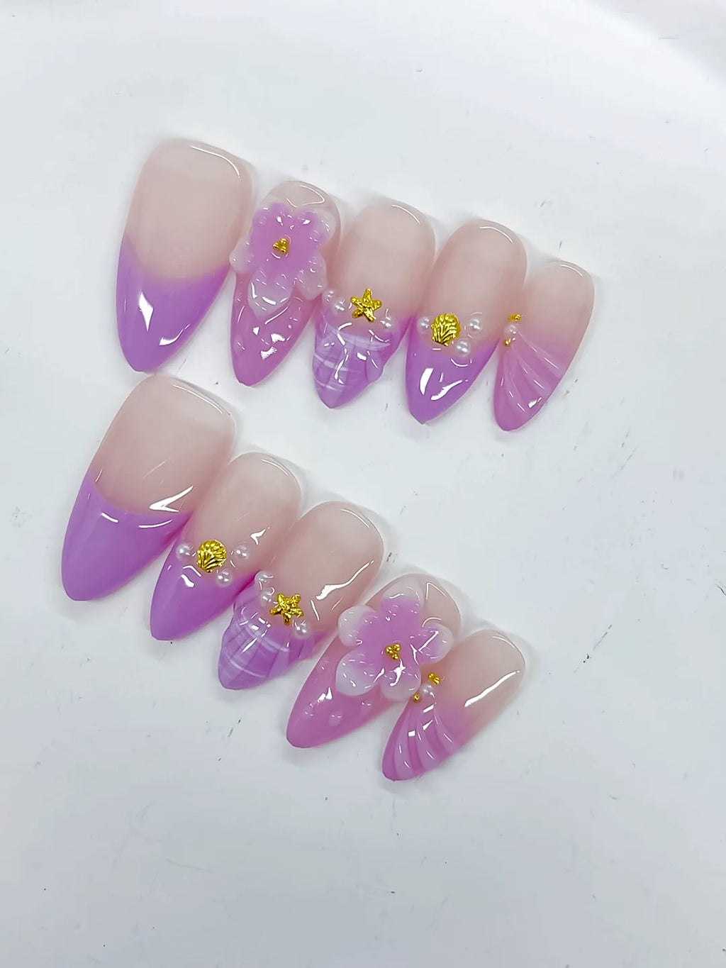 Medium Nude Purple Almond Ombre Flower Shell