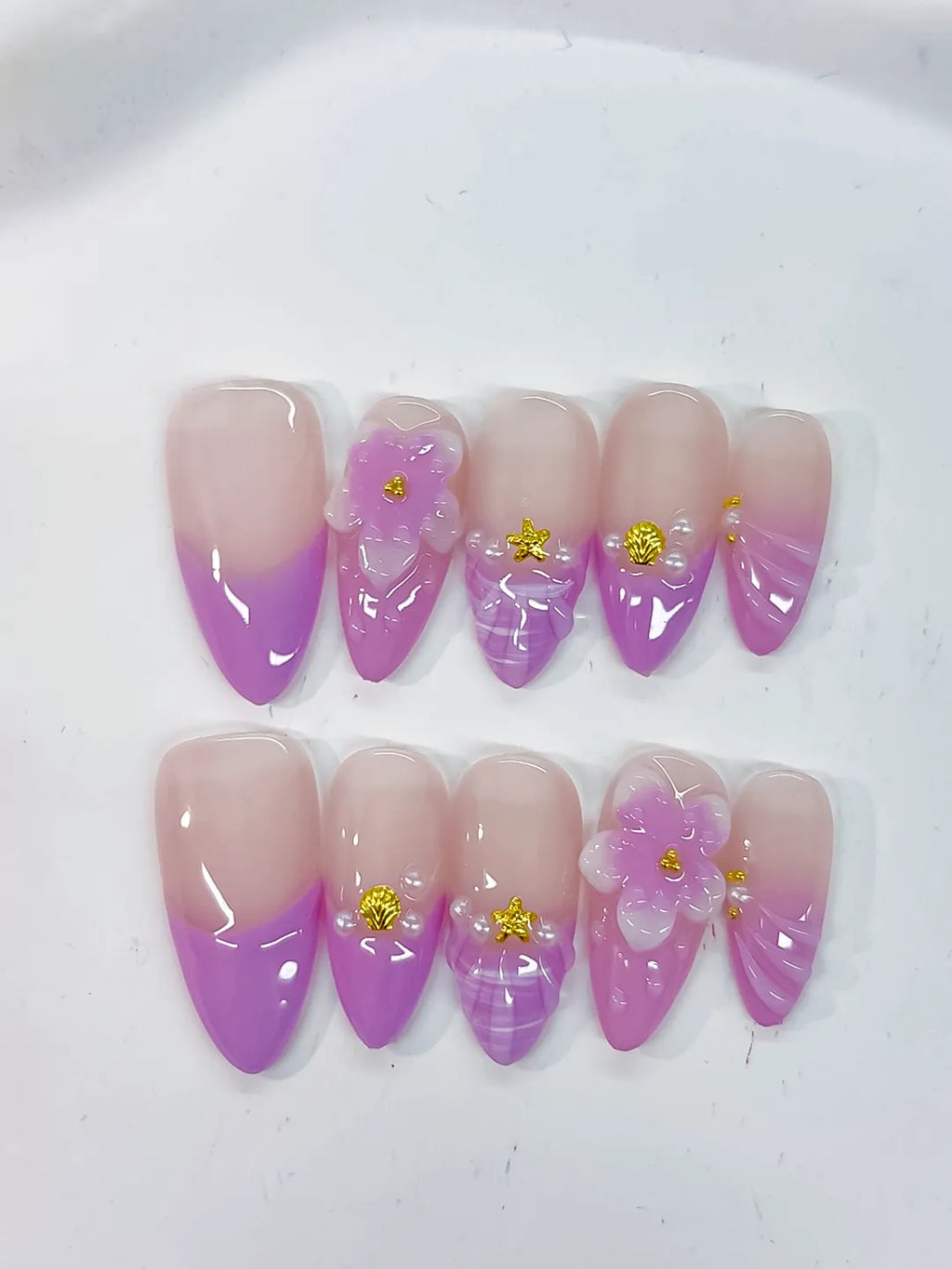 Medium Nude Purple Almond Ombre Flower Shell