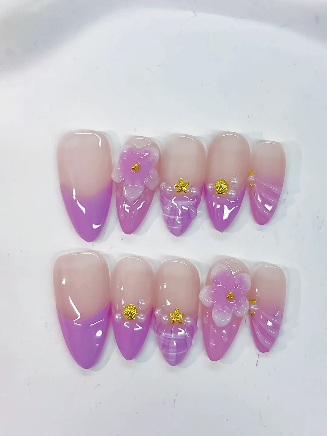 Medium Nude Purple Almond Ombre Flower Shell