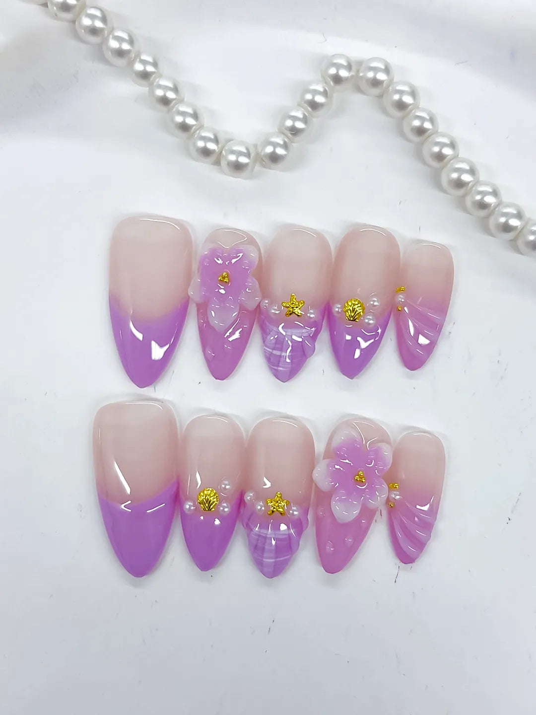 Medium Nude Purple Almond Ombre Flower Shell