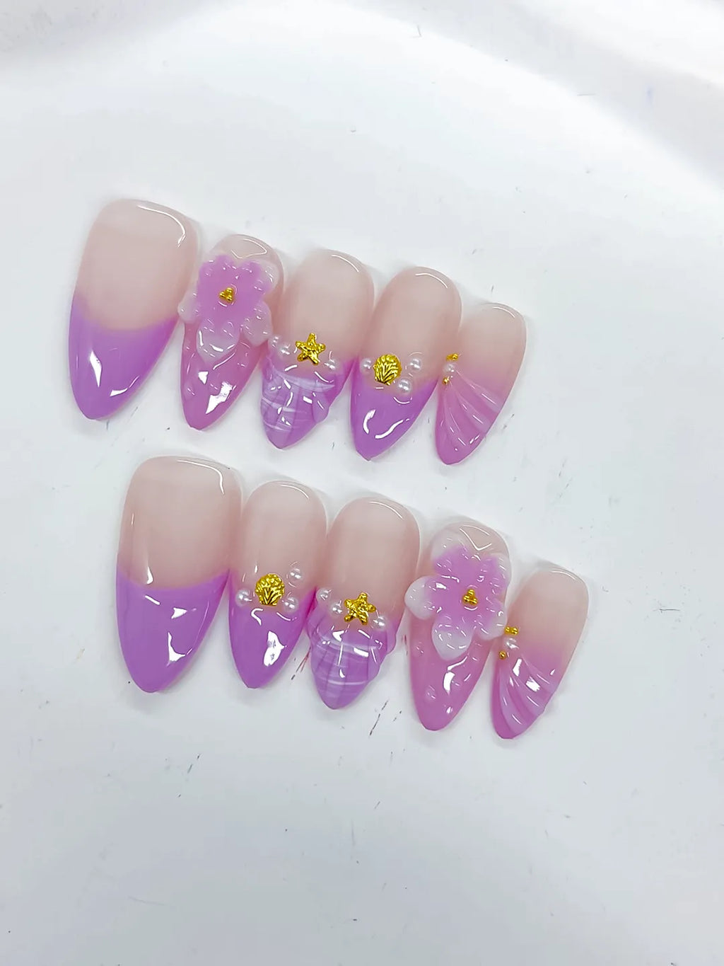 Medium Nude Purple Almond Ombre Flower Shell