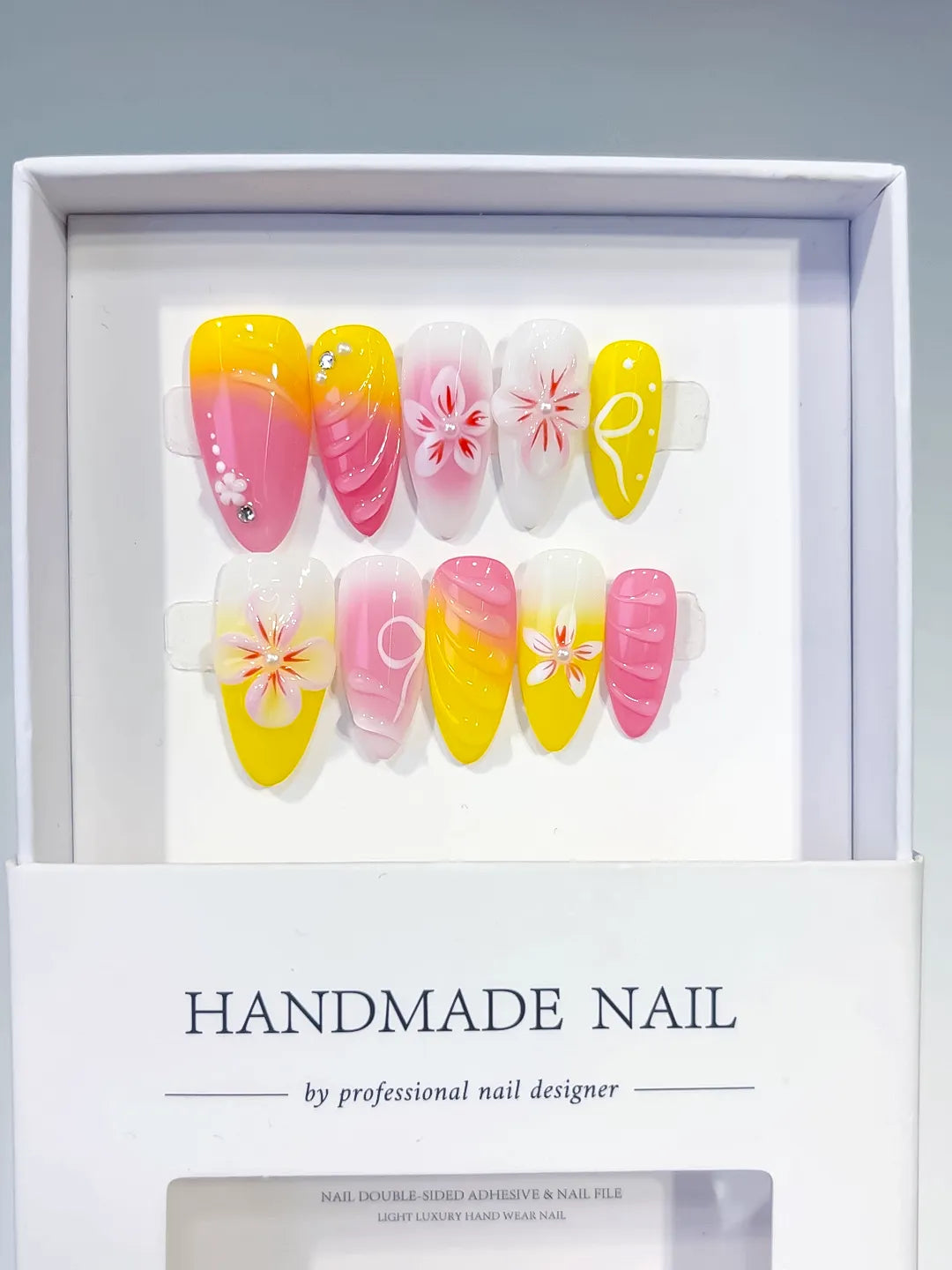 Medium Pink Yellow Almond Ombre Flower Rhinestone