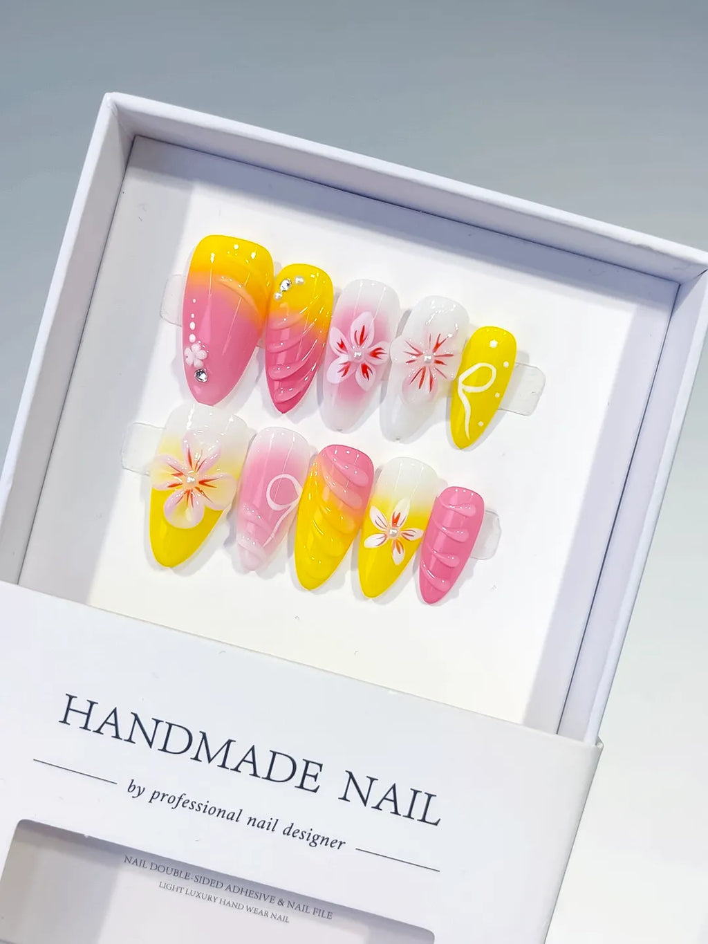 Medium Pink Yellow Almond Ombre Flower Rhinestone