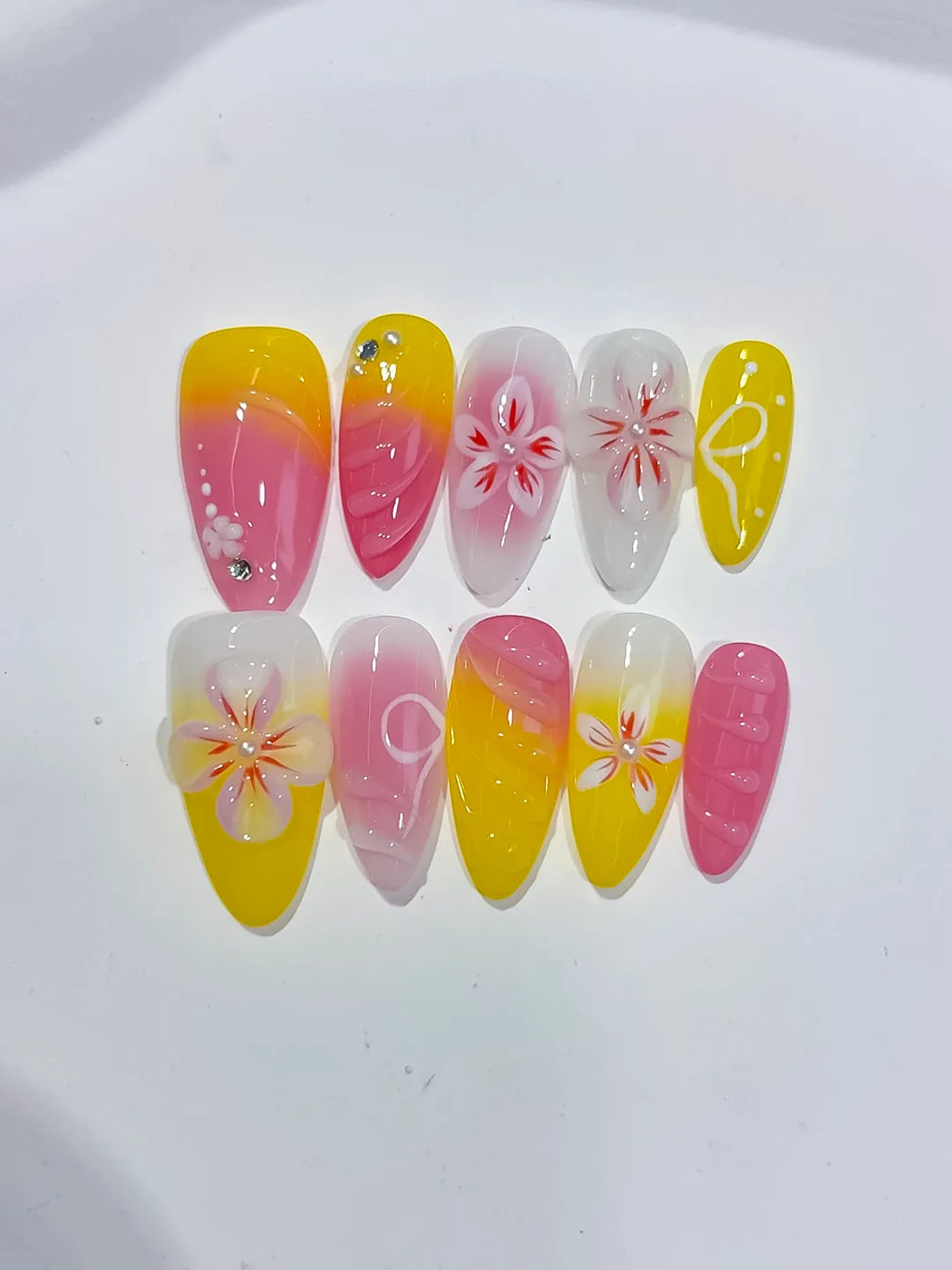 Medium Pink Yellow Almond Ombre Flower Rhinestone