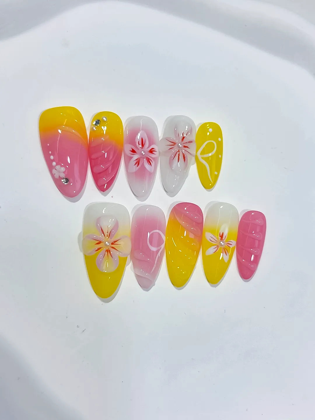 Medium Pink Yellow Almond Ombre Flower Rhinestone