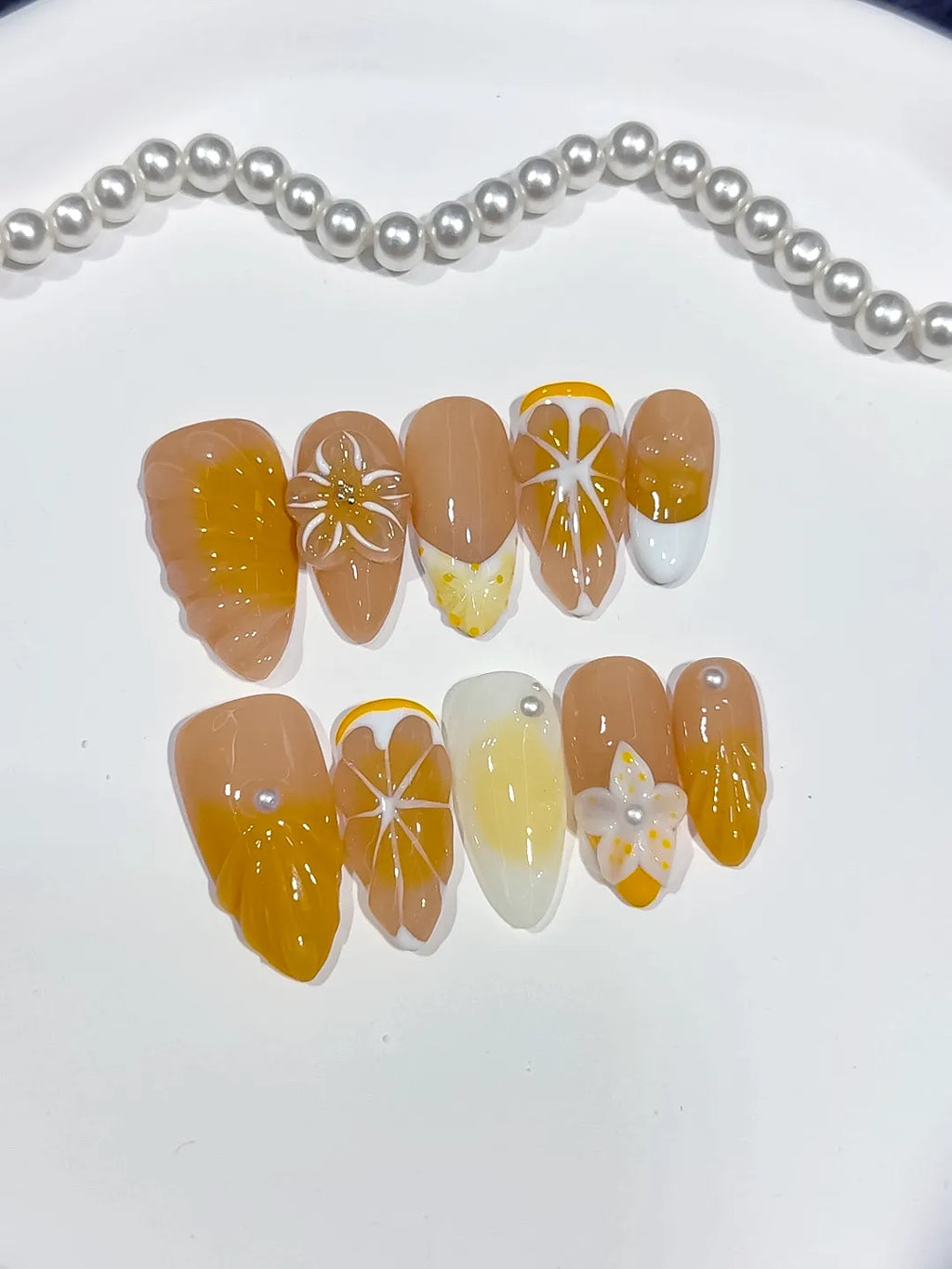 Medium Nude Yellow Almond French tip Flower Fruit