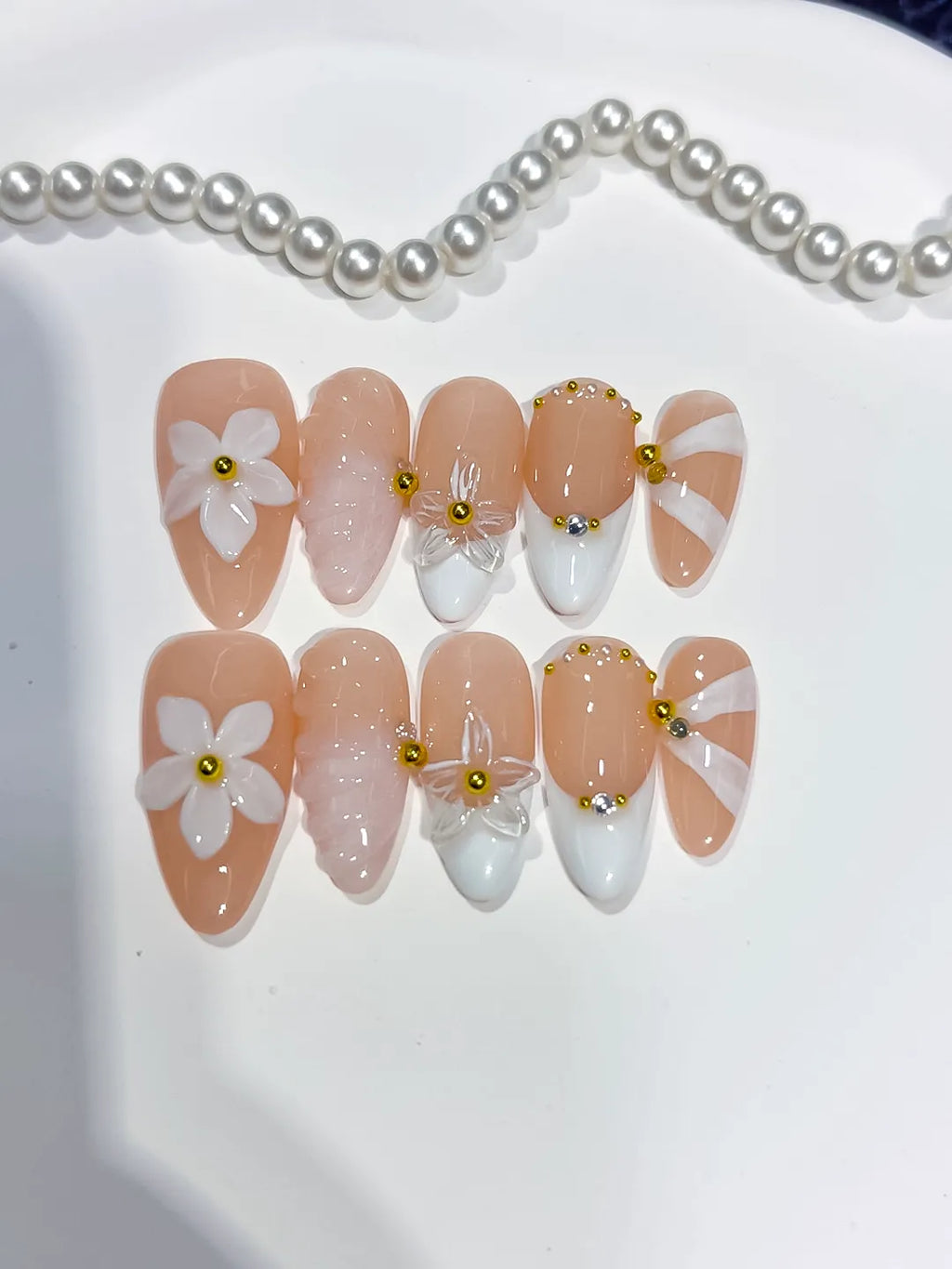 Medium Nude White Almond French tip Flower Shell