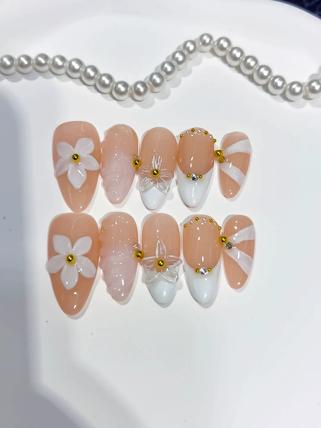 Medium Nude White Almond French tip Flower Shell