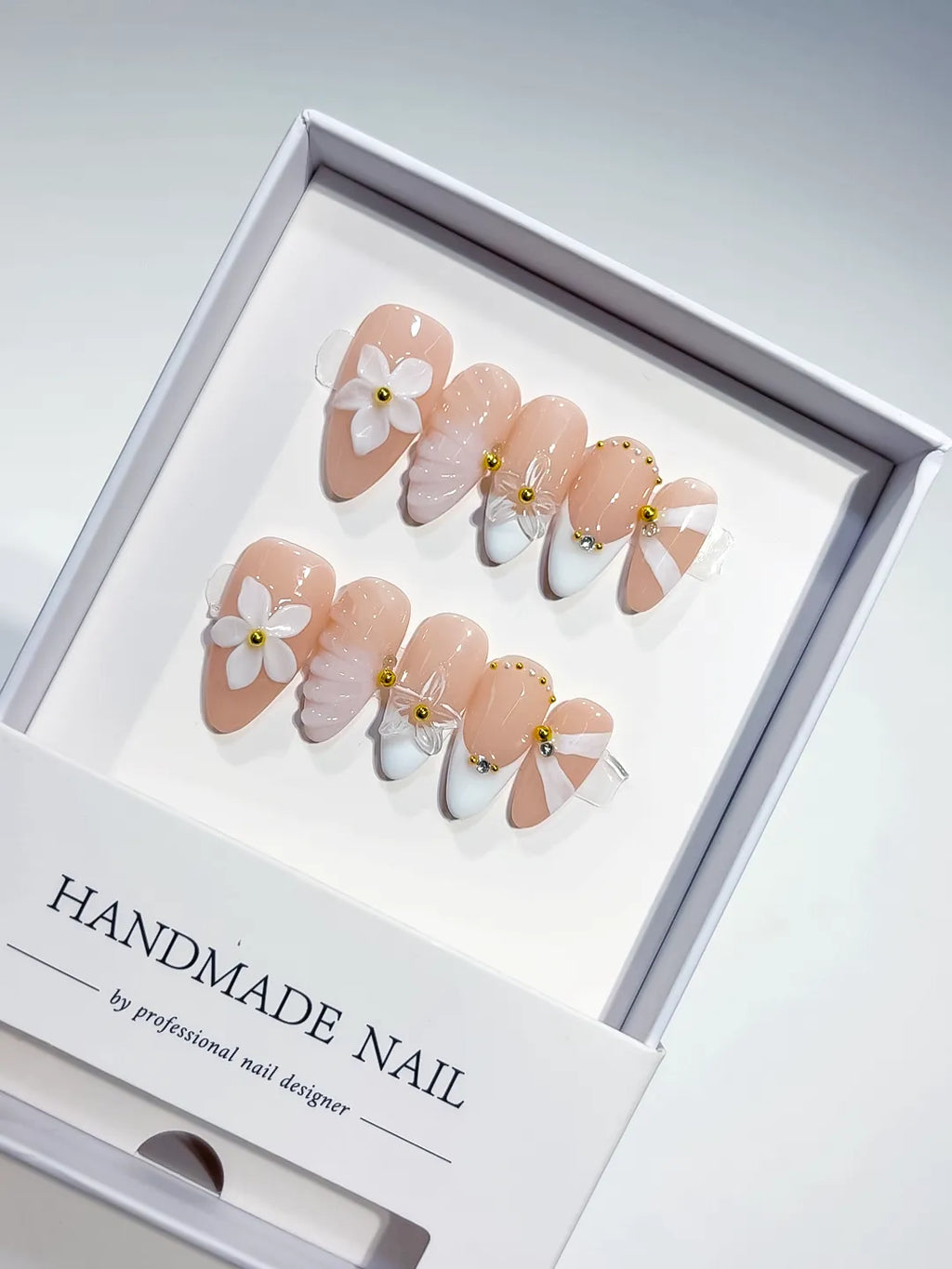 Medium Nude White Almond French tip Flower Shell