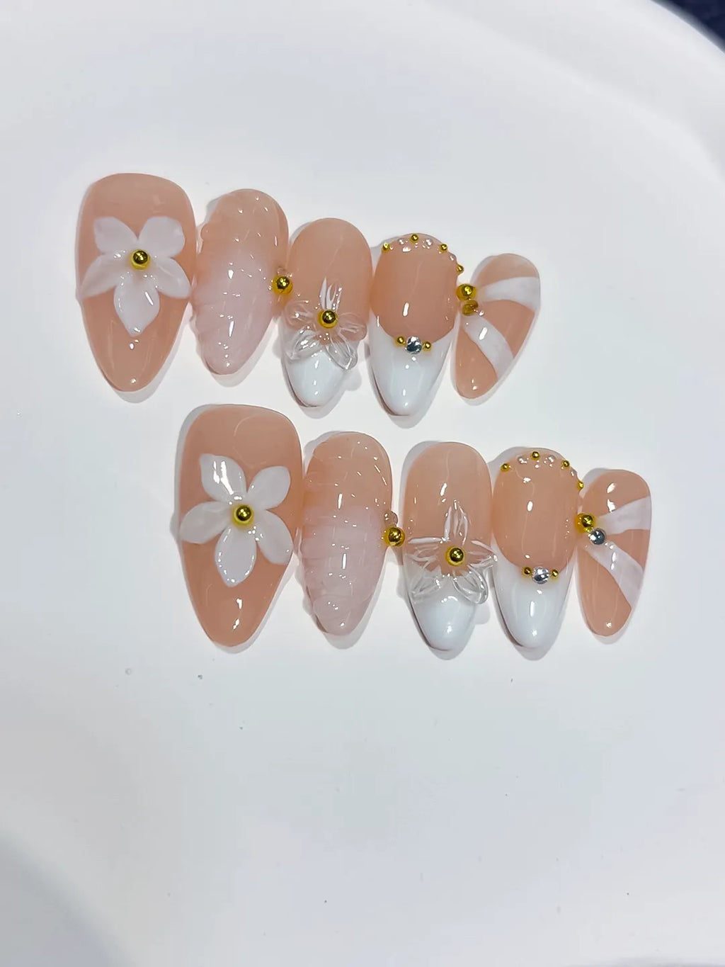Medium Nude White Almond French tip Flower Shell