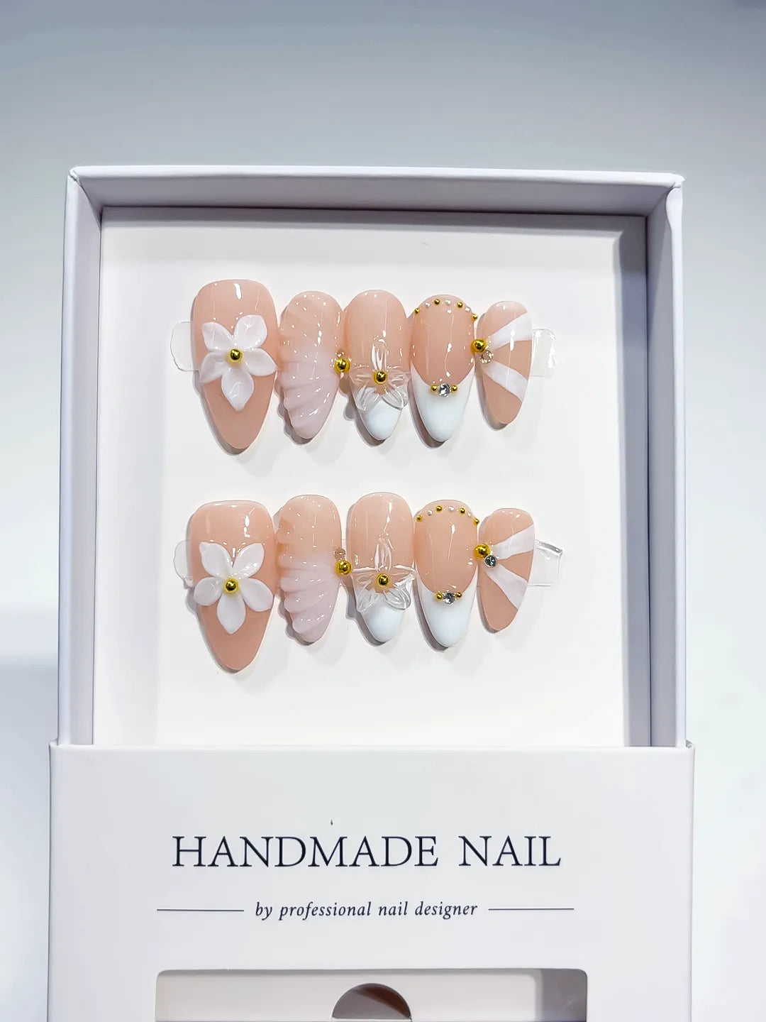 Medium Nude White Almond French tip Flower Shell