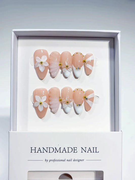 Medium Nude White Almond French tip Flower Shell