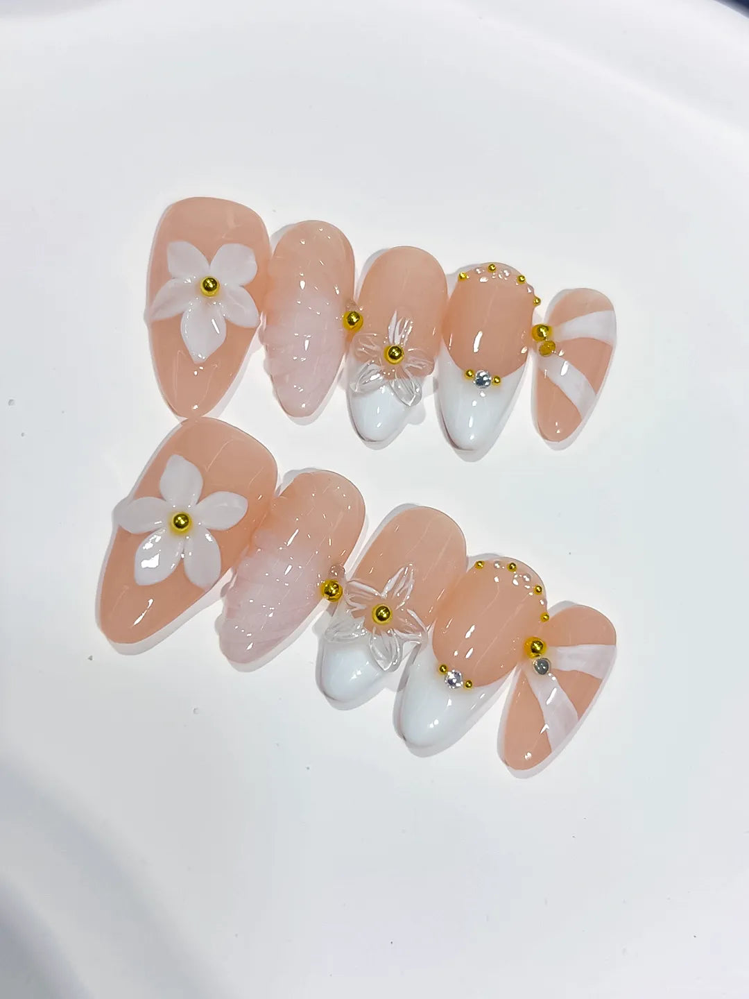 Medium Nude White Almond French tip Flower Shell